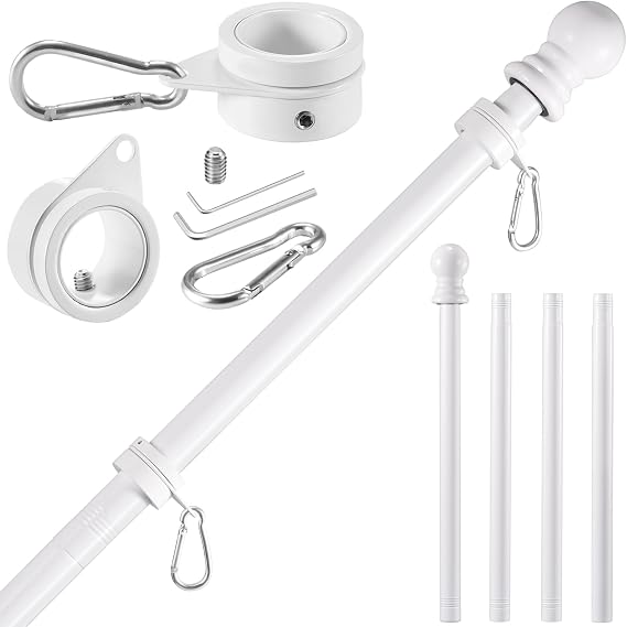 White Flag Pole Kit for House, 5 FT Thickened Stainless Steel Outside Wall Mount Flagpole for 3x5' American Flag with 1" Tangle Free 360 Rotating Flag Pole Rings Hardware for Porch Residential