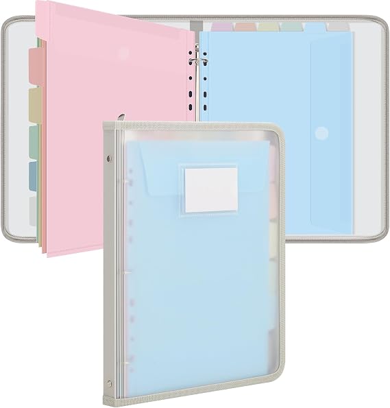 Uquelic A4 Folder Ring Binder, Document Organizer with 12 Pcs Punched Pockets, Hard Shell Frosted Plastic Bag with Zipper, Cute Folders Wallets, Waterproof Folder for School Home Office (Grey)