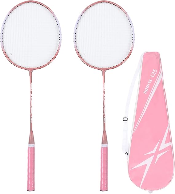 Wakects Badminton Racket Sport Set of 2 Badminton Rackets Separate Iron Alloy Badminton Racket with Anti-Slip Handle and Racket Bag for Beginners Pink ZB125