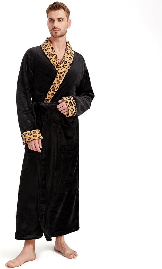 Men's Fleece Plush Bathrobe Full Length Big and Tall Shawl Collar Men Robe