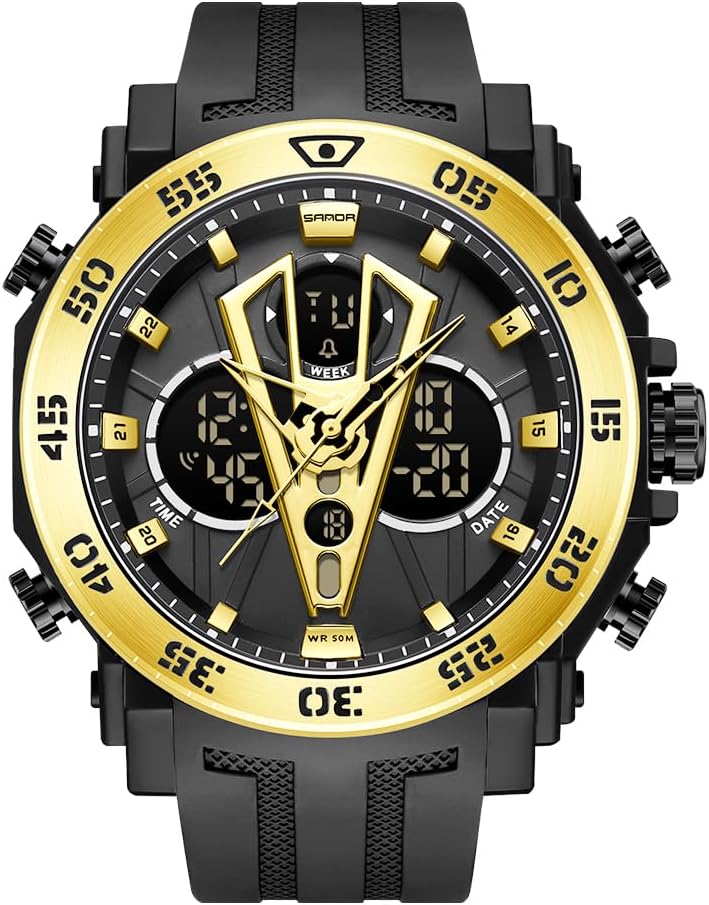 KXAITO Mens Watches Stainless Steel Case Sports Outdoor Waterproof Military Watch Date Multi Function Tactics Stopwatch for Men 6105 Black Gold