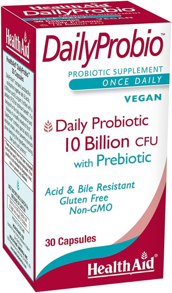 HealthAid DailyProbio Daily Probiotic for Gut Balance, 10 Billion CFU with Prebiotic, 10 Strains, Once Daily Supports Digestive Health & Microbiome Balance Vegan, Shelf-Stable, Non-GMO (30 Capsules)*