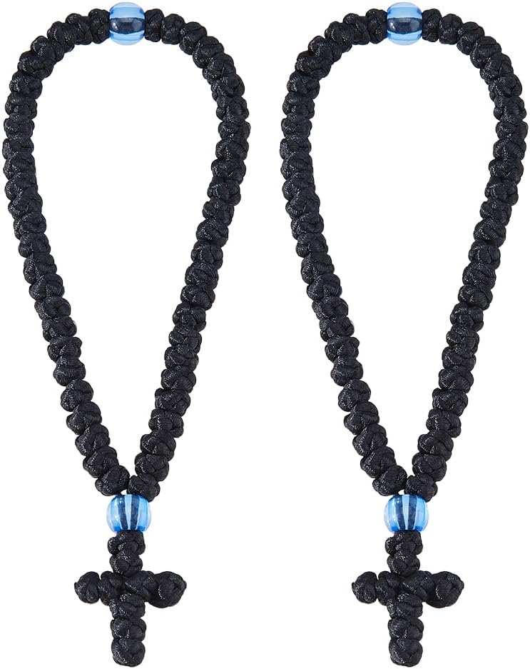 DICOSMETIC 2Pcs Christian Orthodox Ropes 50 Knot Orthodox Greek Rope 3 Inch/7.7cm Greek Komboskoini Chotki Protection Blessing Cross Charm Tassel Car Hanging Charm Religious Gift for Men Women