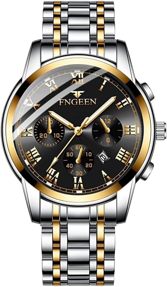 Men Watch 24 Hour 3-Hand Easy to Read Time Waterproof 30M Steel Strap ​Quartz Watch Business Casual Wrist Watches for Men (Golden Black)