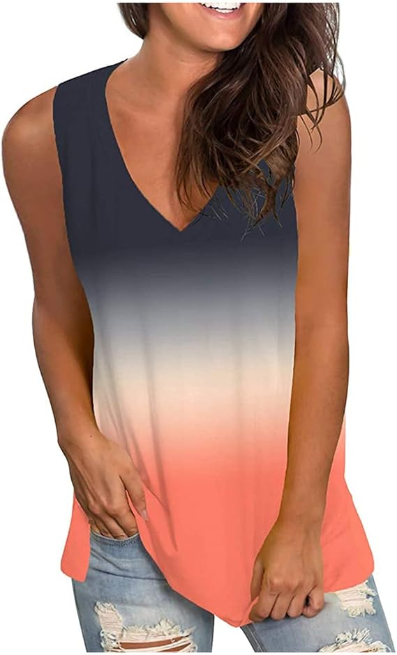 Womens V Neck Ombre Tank Top Summer Casual Basic Tees Loose Sleeveless T Shirt Flowy Dressy Tunic Blouse