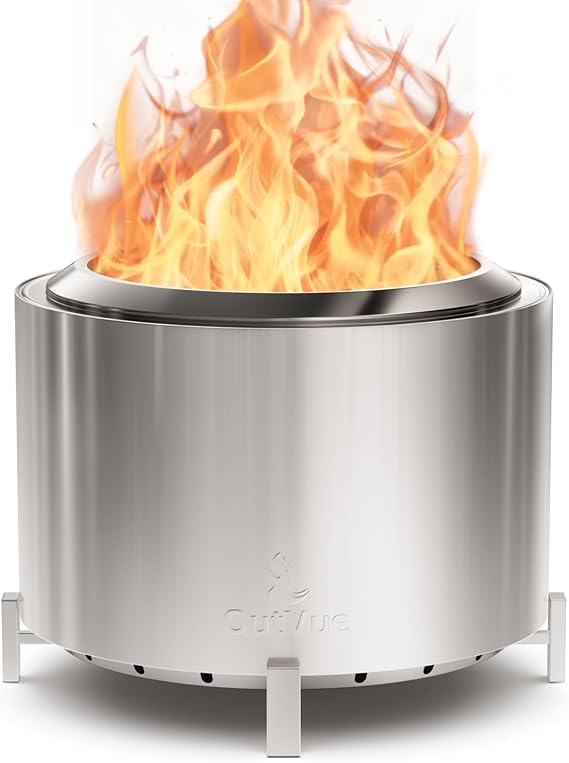 OutVue 27 Inch Stainless Steel Smokeless Fire Pit with Waterproof Cover