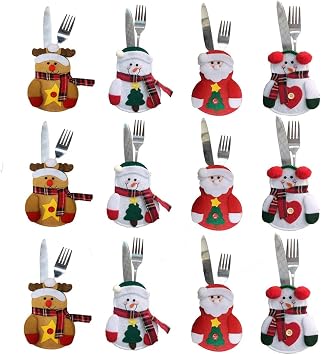12PCS Christmas Cutlery Bag Cute Snowman Silverware Tableware Holder Knife Fork Bag Pouch Decor for Christmas Party Dinner Table Decor