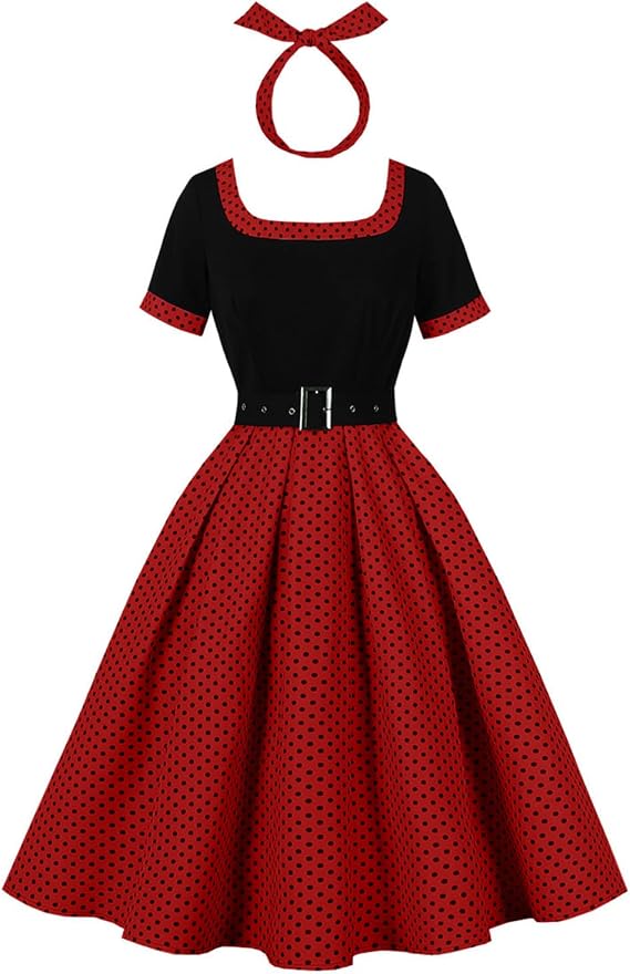 ODIZLI 1950s Retro Vintage Dress with Pockets for Women Short Sleeve Polka Dot Belted Swing Dress and Headband