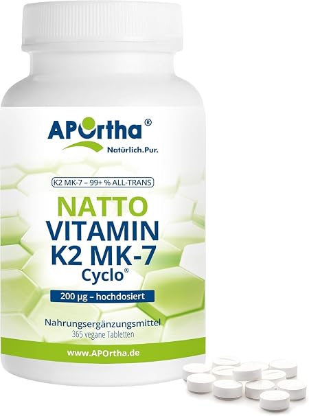 APOrtha Vitamin K2 MK7 200 µg 99+% ALL-Trans 365 Tabletten hochdosiert vegan Hochwertiges Natto K2 Vitamin leicht zu schlucken Nahrungsergänzung Vit K2 Vitamin K 2 Alternative zu K2 Tropfen Kapseln