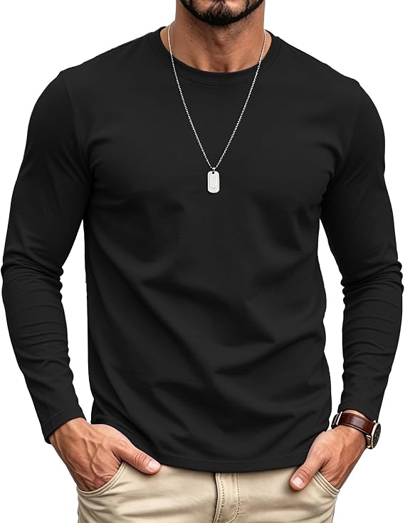 Men's Classic Crew Neck T-Shirt, 100% Cotton Long Sleeve Tee, Breathable Soft Casual Top for Daily Wear & Layering