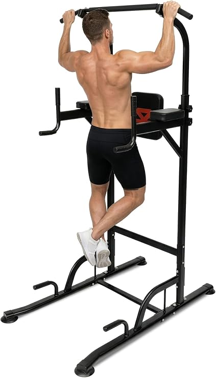SQUATZ Power Tower Pull Up Station with Free Standing Pull Up Bar, Multi-Grip Workout Frame with 6 Adjustable Heights, H-Base Stability, Steel Construction, 330 lb Capacity for Home Gym, Black
