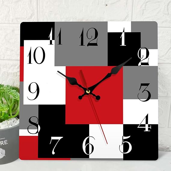 ArtSocket Wooden Wall Clock, Silent Non Ticking Red Black Grey Geometric Minimalist Checkered Square Rustic Home Decor Kitchen Living Room Office Decor
