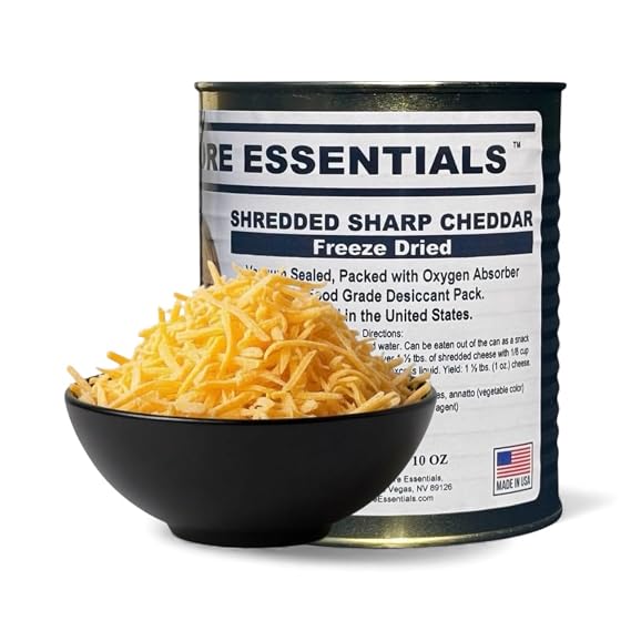 Future Essentials Freeze Dried Sharp Cheddar Cheese #2.5 Can, 1-Pack | Shredded, Emergency Food Supply 25-Year Shelf Life Made in USA & Easy to Use in Recipes, 10 oz
