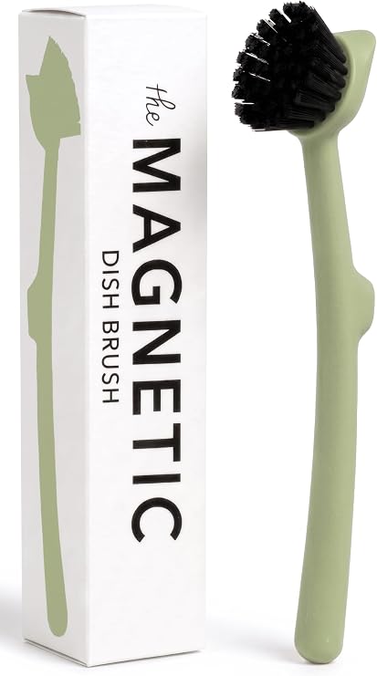 Earth & Mango Magnetic Dish Brush & Scraper, Snaps to Sink, Moss Green