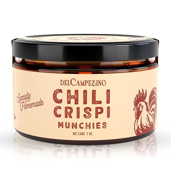 Del Campezino Mexican Chili Crispi Munchies Savory Garlic Chili Oil Paste Topping with Extra Virgin Olive Oil | Slow Infused Spicy Garlic Spread in Artisanal Gourmet Table Jar | Vegan, Gluten Free, No MSG 7 oz