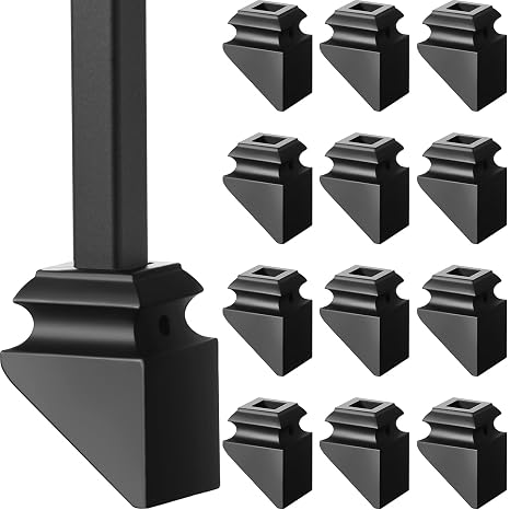 Funrous 12 Pack 1/2 Inch Iron Baluster Shoes with Screw, Square Wrought Iron Stair Baluster Base Fitting, Anti Rust Stair Railing Renovation Hardware, Satin Black