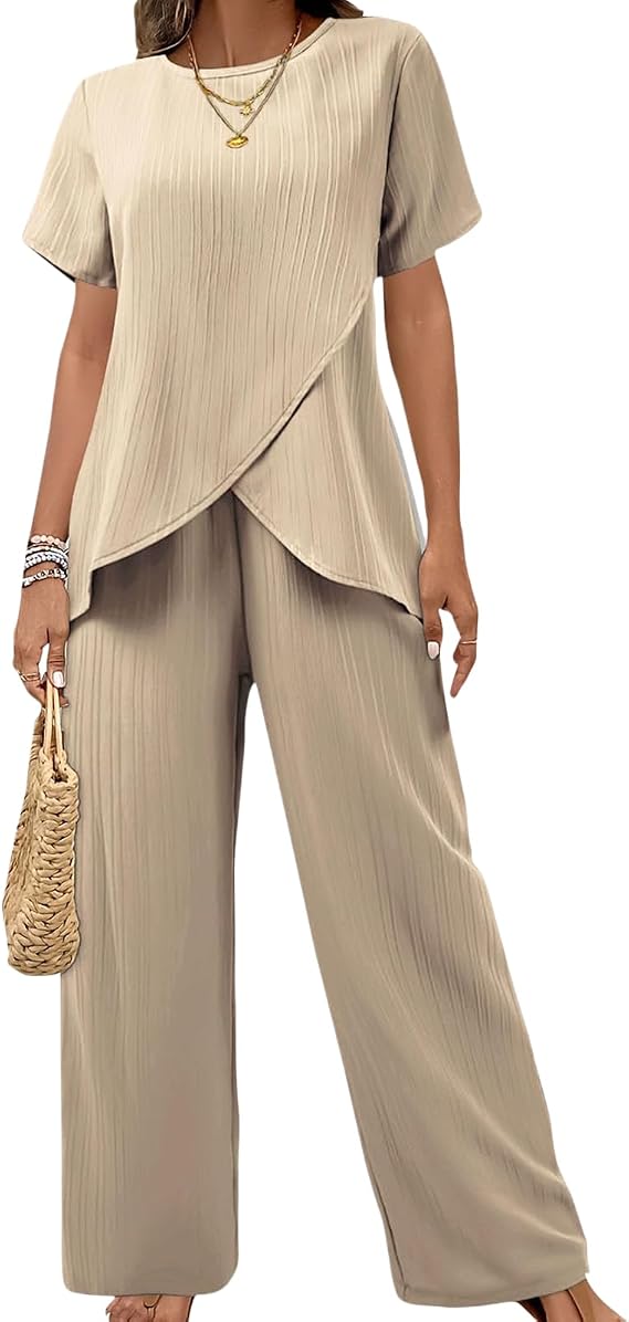 Dressy Pants Outfits for Women Matching Set Short Sleeve Top with Cross Over Hem Loose Wide Leg Trousers