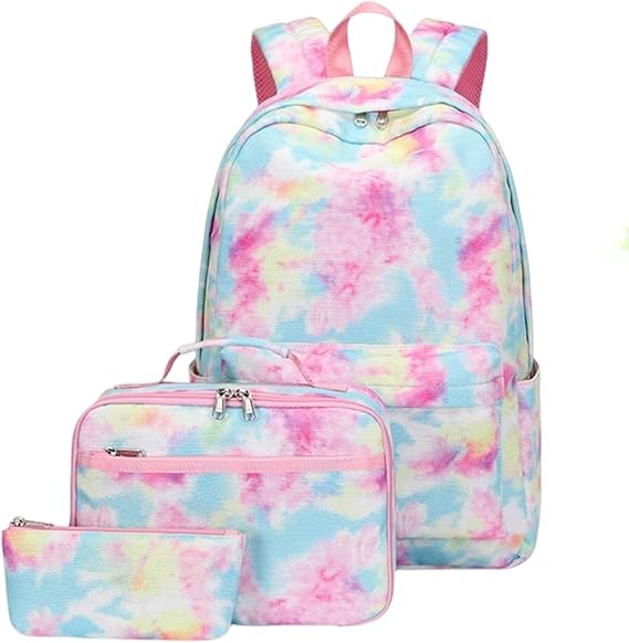 School Bag Multi-Pocket Nylon School Backpack With Lunch Tote Pencil Bag For Student Boys Girls Tie Dye Casual Laptop Bookbag