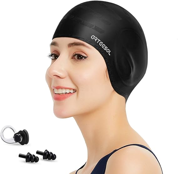 Silicone 3D Ear Protection Swim Cap - Latex-Free Non-Slip Waterproof for Long Hair/Thin Braids, Chlorine Resistant Tear-Resistant for Competitive Swimming,  with Ear Plugs & Nose Clip