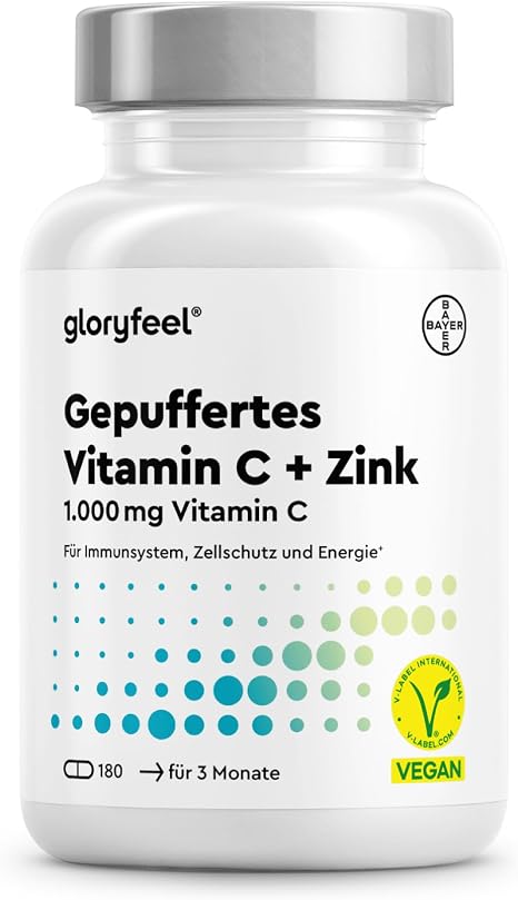 Vitamin C High Dose 1000mg + Zinc 20mg - Vegetable Fermented & Buffered - Vegan - Laboratory Tested & Developed in Germany - 180 Capsules