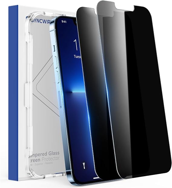 SYNCWIRE Privacy Screen Protector for iPhone 13 Pro Max/iPhone 14 Plus 6.7" [2-Pack], True 28 Anti Spy Tempered Glass Film with Auto Alignment Tool [9H Hardness]