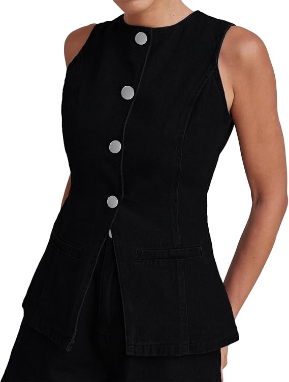 Kedera Women's Button Down Denim Vest Sleeveless Tank Tops Crew Neck Slim Fit Jean Jacket Waistcoat with Pockets