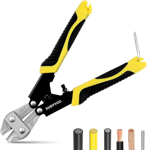 XUDYVCO Mini Bolt Cutters, Premium 8IN Heavy Duty Wire Cable Cutters with Non-Slip Handle, Multi-Function Wire Snips Pliers Clippers with Labor-Saving Spring Loaded for Chain Mesh Screw Fence Rivets