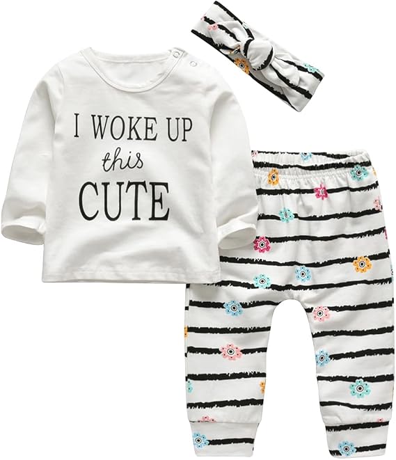 KuKitty 3Pcs Baby Girl Outfits Long Sleeve Letter T-shirt Pants Clothes Set