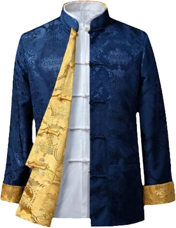Men's Silk Tang Suit Jacket Traditional Chinese Shirt Style with Kung Fu Collar Hanfu Top on Both Sides