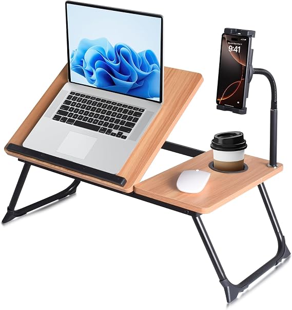 wishacc Lap Desk for Bed, Laptop Desk with Adjustable Tablet Stand, Sturdy Metal Frame Bed Desk, Foldable Laptop Bed Tray Table for Adults Couch Sofa, Portable Lap Desk for Laptop & Phone Slot
