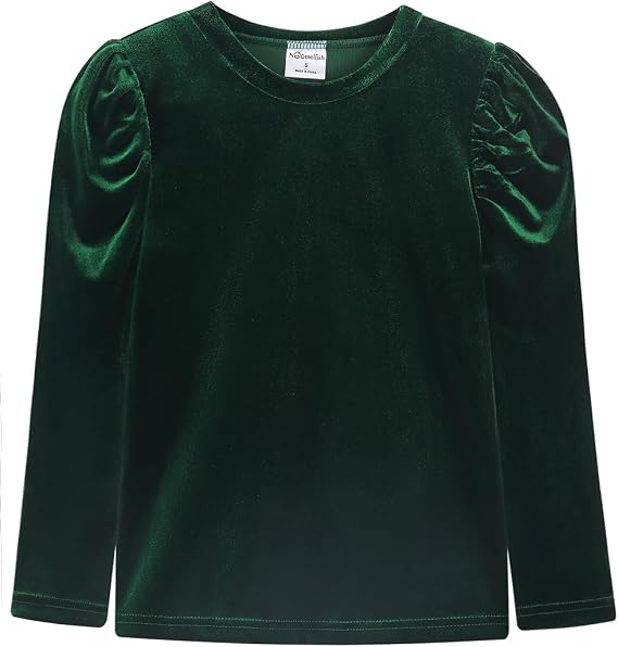Noomelfish Girls Velvet Puff Long Sleeve Shirt Casual Solid Pleated Blouse Tops (5-12 Years)