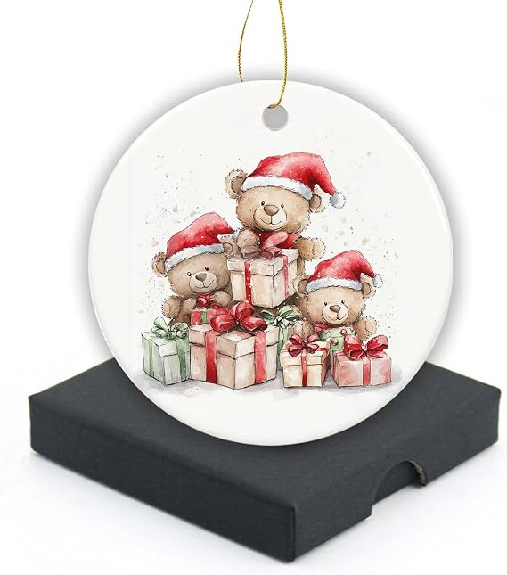 2024 Christmas Keepsake Ornament, Teddy Bears Ornaments with Gift Box, Round Ceramic Ornament for Christmas Tree Decoration, Lovely for Family and Friends