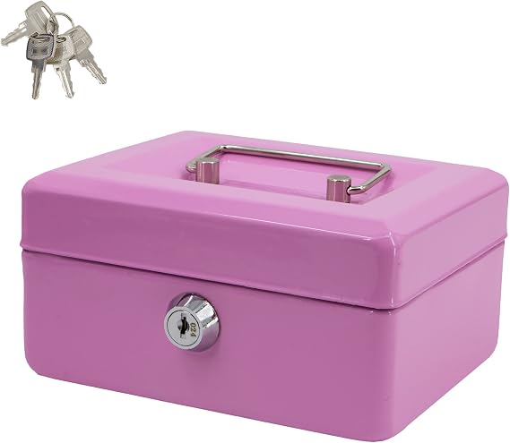 Time to Sparkle 6 Inch Small Lock Box Money Safe with Tray (Pink) | For Cash Metal Saving Box Lock and Key with Stainless Steel Handle 15*12*8cm