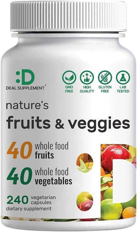 Natures Fruits & Veggies Supplement, 240 Veggie Capsules 80 Whole Food Superfoods for Daily Balance 40 Fruits with 40 Vegetables and Greens Non-GMO, Gluten Free