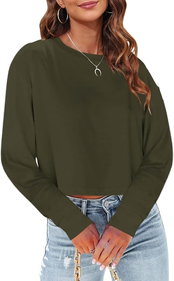 Tankaneo Womens Long Sleeve Crop Tops Oversized Cropped Tshirt