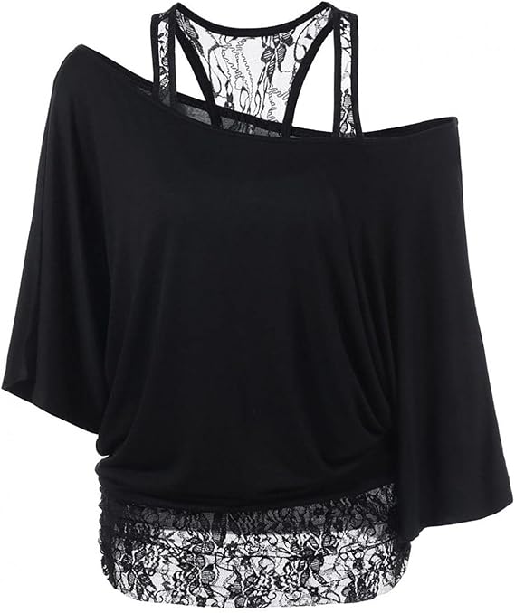 Plus Size Tops Women Lace Patchwork Shirts Summer Casual Bat Sleeve Tank Tops Solid Loose Off Shoulder T-Shirt Blouses