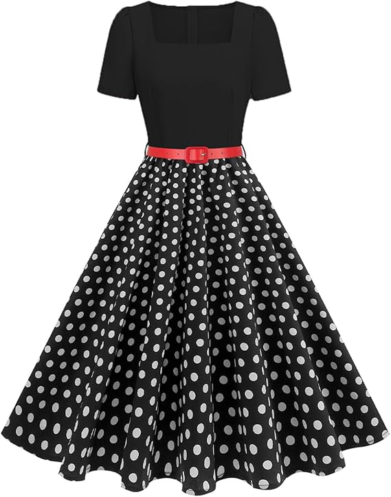 1950s Dresses for Women Vintage Rockabilly Retro 50s Floral Polka Dot Dress Audrey Hepburn Tea Party Cocktail Dress Belted