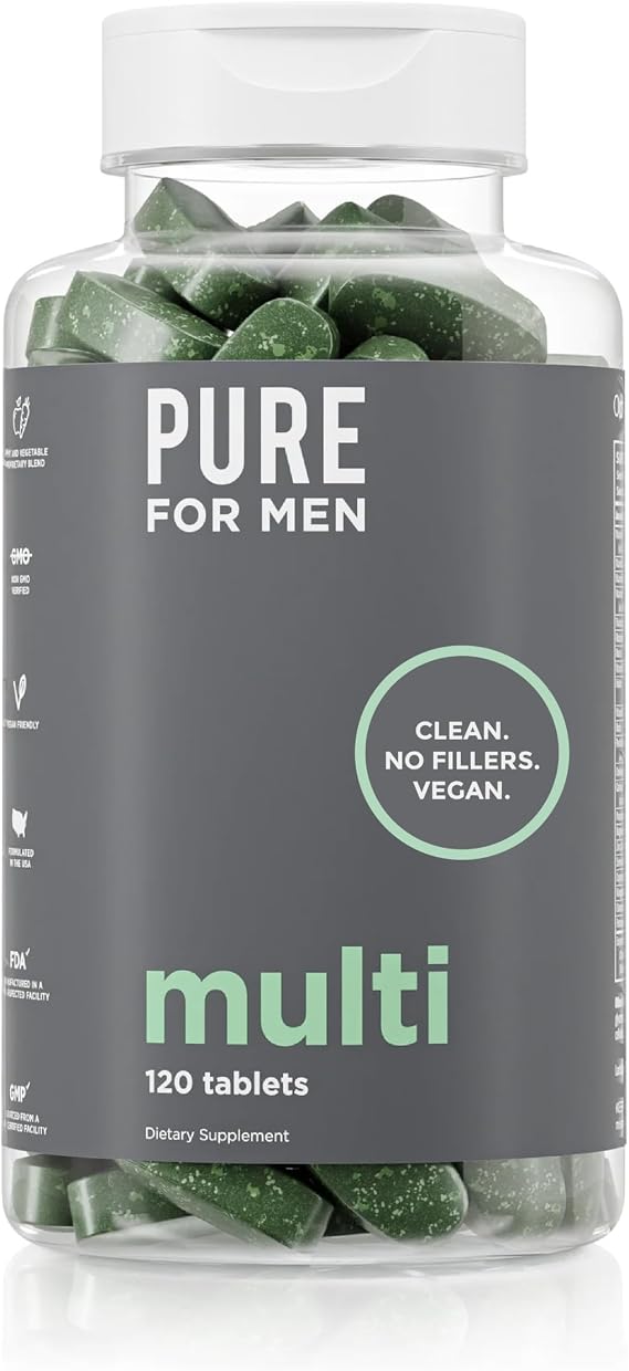 Pure for Men Multivitamin Supplement | Energy, Mood Support, Strong Bones, Antioxidants, Minerals | Vitamins A, B, C, D, Magnesium, Calcium | 42 Fruit & Vegetable Proprietary Blend | 120 Vegan Tablets