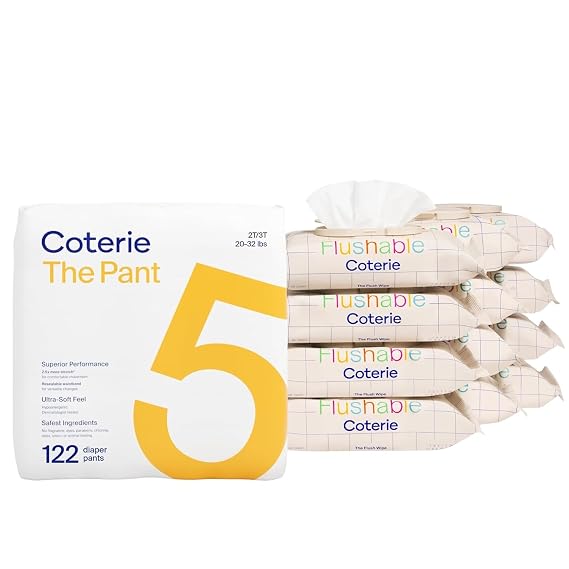 Coterie The Pant, Size 5, Refastenable Training Pants for Sensitive SkinCoterie Flushable Wipes for Sensitive Skin, Hypoallergenic, 99% Water, Plant-Based Fibers, Sewer + Septic Safe to Flush,