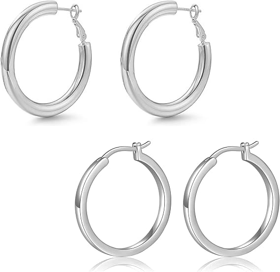 Thick Silver Hoop Earrings Lightweight Howllow Tube Hoops Chunky Silver for Women Hypoallergenic Big Earring 20mm 25mm