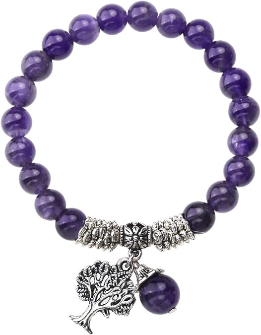 Jovivi 8MM Purple Amethyst Natural Gemstone Life Tree Lucky Charm Stretch Bracelet