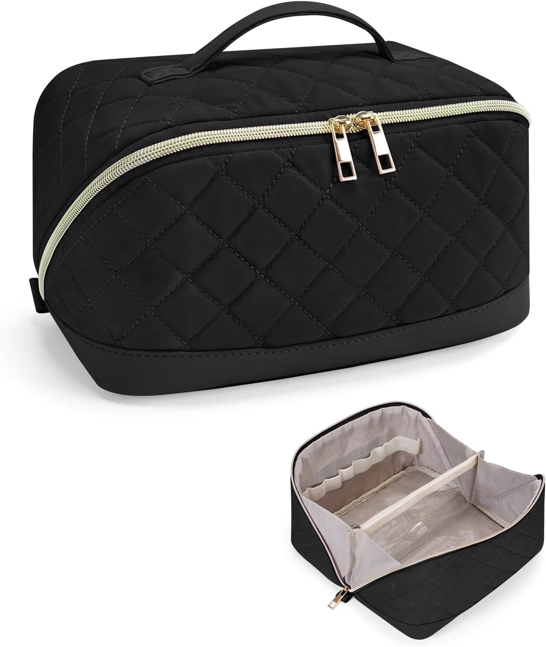 Travel Makeup Bag Large Capacity Cosmetic Bag for Women Portable Make up Bag with Clear Divider and Brush Compartment