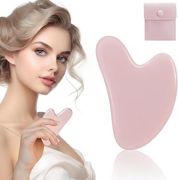 Gua Sha Face Massager Stone, Natural Jade Gua Sha Tool for Physical Therapy, Self Care Routine & Relaxation, Skin Care Gifts for Women & Men (Pink)