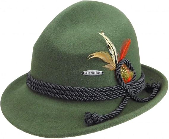 German Hat | 100% Wool Hats Unisex - Austrian & German Style Alpine Tyrolean Wool Fedora with a Deluxe Feather & Rope