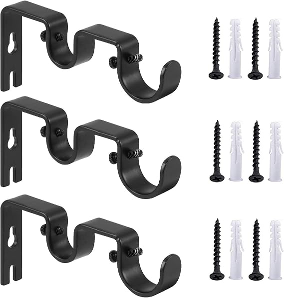 Heavy Duty Curtain Rod Brackets - Double Rod Holders 1" and 5/8" Inch (Set of 3, Black)