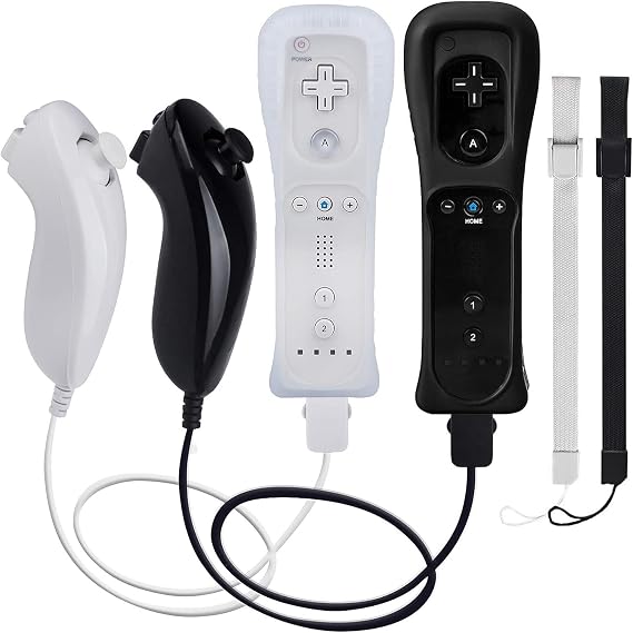 TechKen Wii Controller mit Nunchuck - Fernbedienung und Ersatz-Kontroller für Wii (Ohne Motion Plus) - Schwarz + Weiß