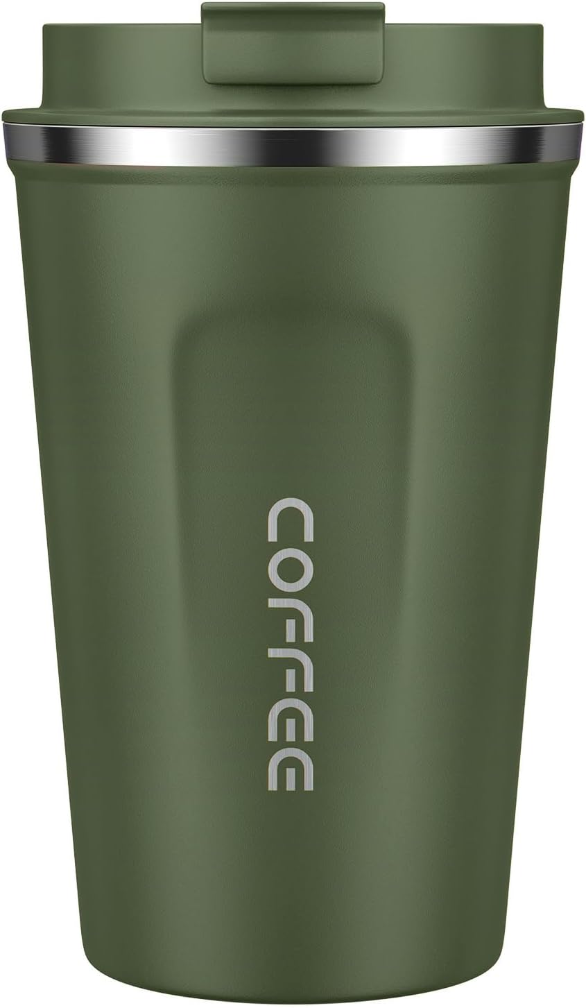 MOMSIV Coffee Cup, 380ml Vacuum Reusable Leakproof Double Wall Coffee Cup, Insulation Stainless Steel Eco-Friendly Travel Office Mug for Hot Coffee Tea and Cold Drinks Green