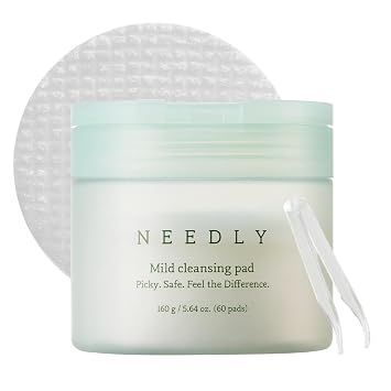NEEDLY Mild Cleansing Pad, Makeup Remover for Sensitive Skin 60 Pads, Triple Deep Cleansing, Barrier Care with Only Two Surfactants & Panthenol, Extra-Large Soft Vegan Pad, Korean Skincare