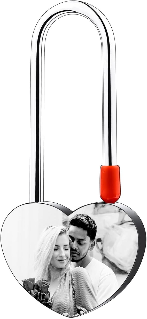 Personalized Heart Shaped Love Lock Engraving Photo Text for Couples Custom Picture Aluminum Memorial Padlock Love Bridge Valentine Boyfriend Girlfriend Lover Gift Black