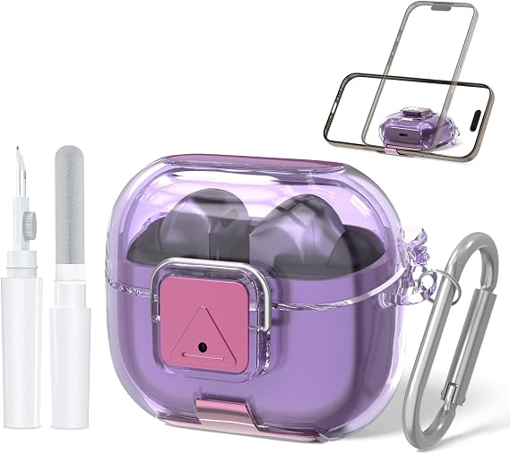 Secure Lock Cover for Galaxy Buds 3 Pro Case (2024) / Galaxy Buds 3 FE (2025), Soft TPU Shockproof Protective Case for Samsung Buds 3 Earbuds with Phone Stand/Cleaning Pen & Keychain (Clear Purple)